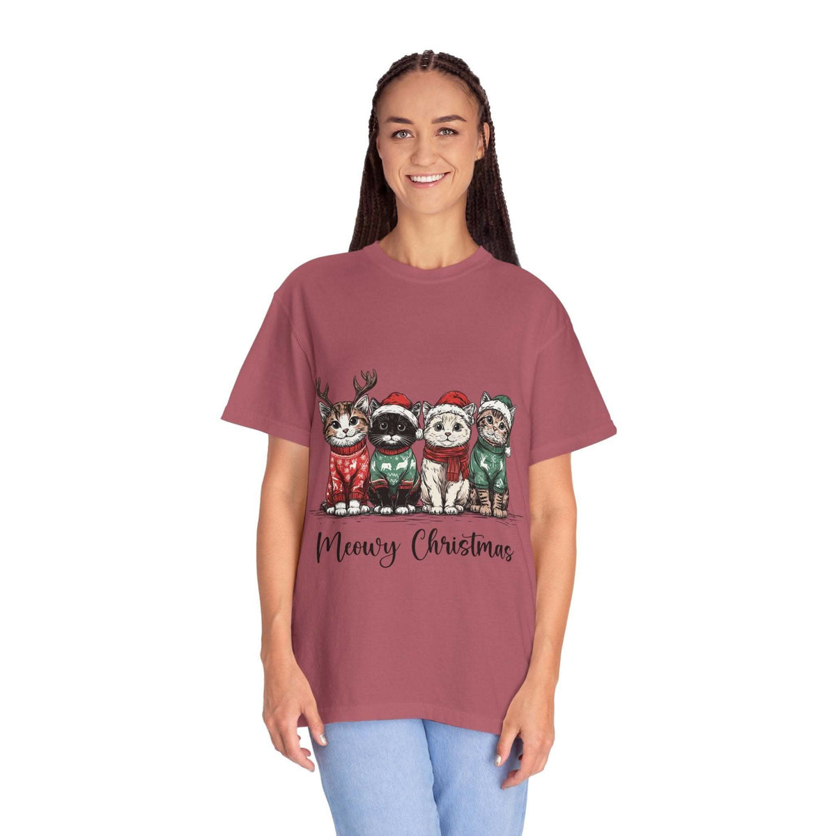 Bay Cat Lover T-shirt with Meowy Christmas design from Printify, perfect festive gift for cat enthusiasts.