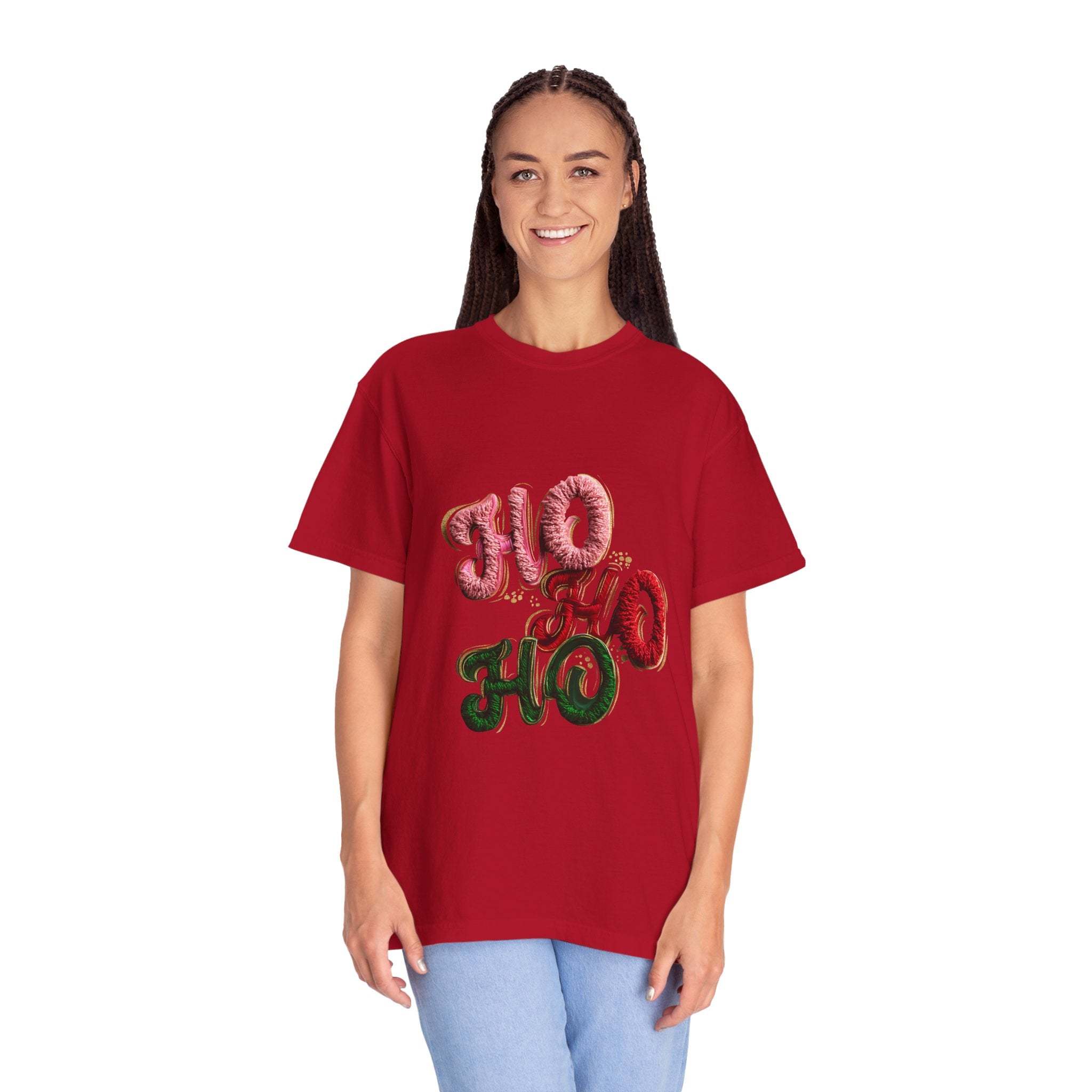 White Christmas graphic tee featuring faux puffy crochet 'Ho, Ho, Ho' design by Printify