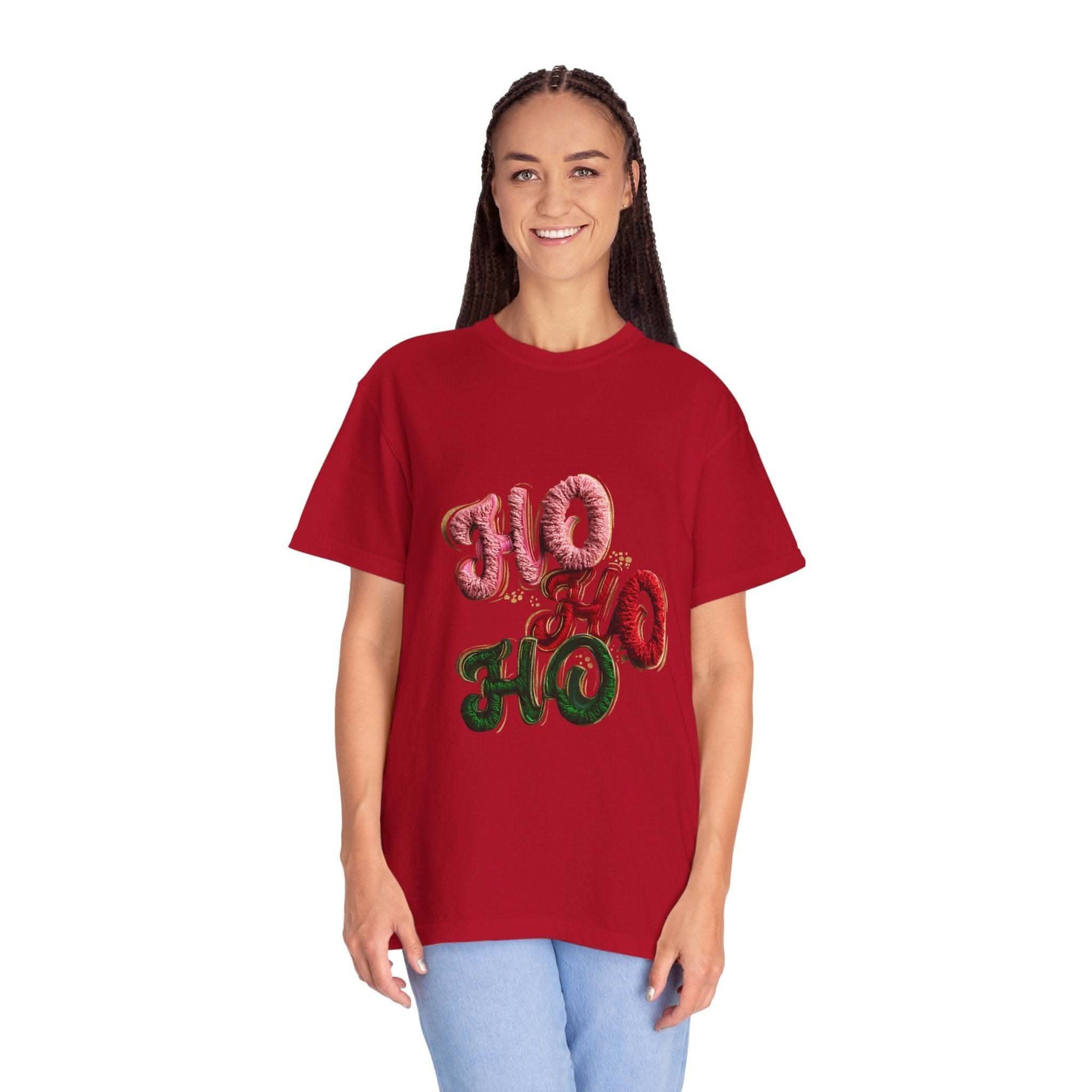 White Christmas graphic tee featuring faux puffy crochet 'Ho, Ho, Ho' design by Printify