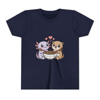 Cute Kawaii Animal Kids Shirt with axolotl and otter sharing ramen bowl design on lightweight cotton tee