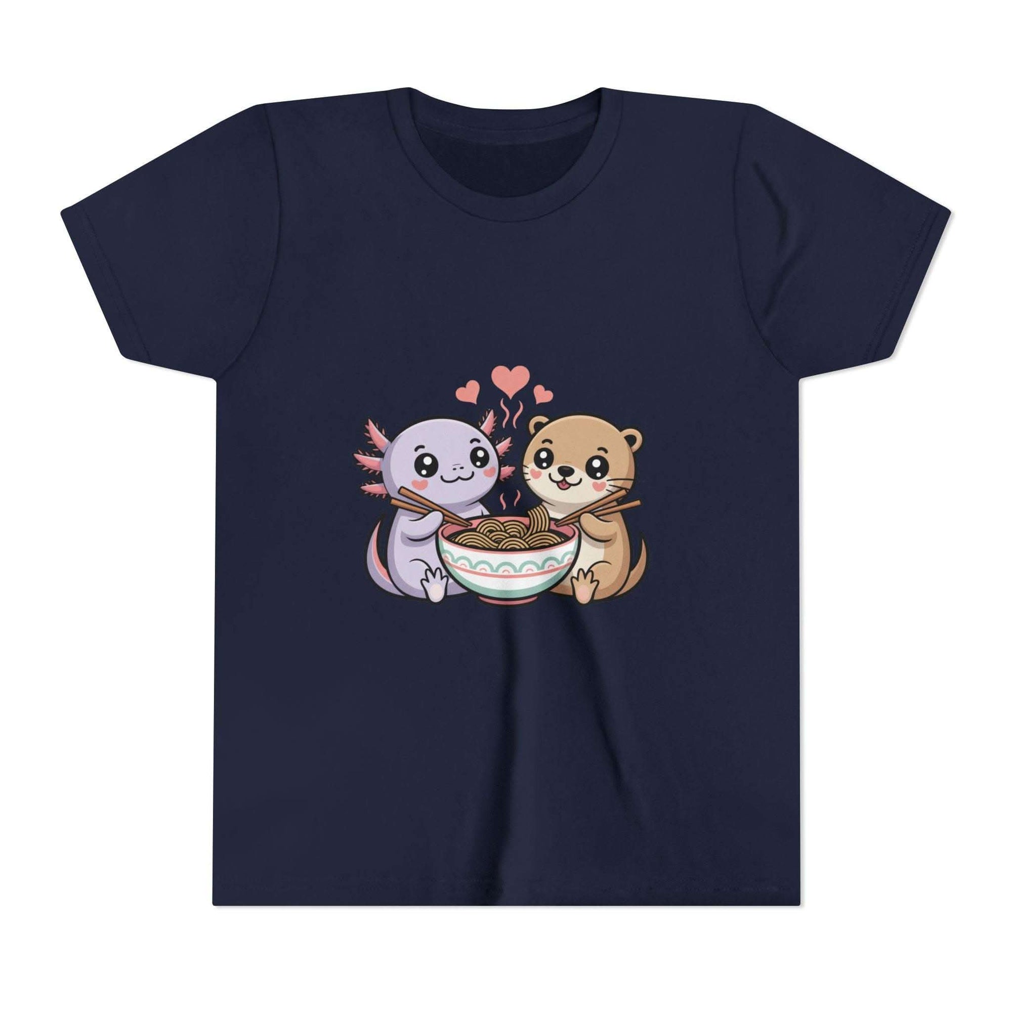 Cute Kawaii Animal Kids Shirt with axolotl and otter sharing ramen bowl design on lightweight cotton tee