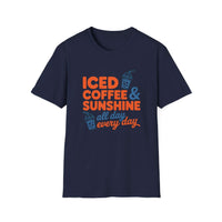 Iced Coffee & Sunshine casual summer graphic tee with playful iced coffee print and breathable cotton fabric