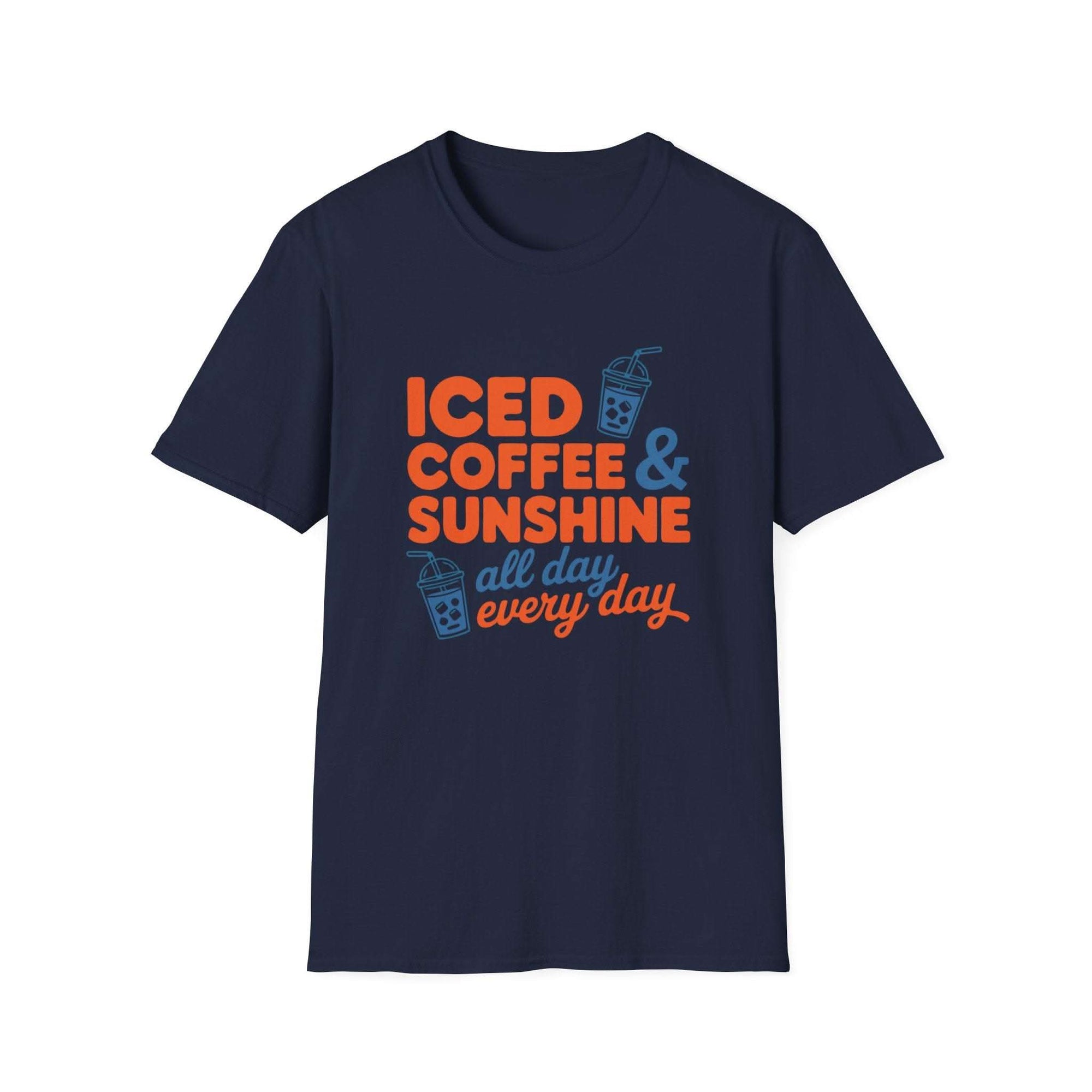 Iced Coffee & Sunshine casual summer graphic tee with playful iced coffee print and breathable cotton fabric