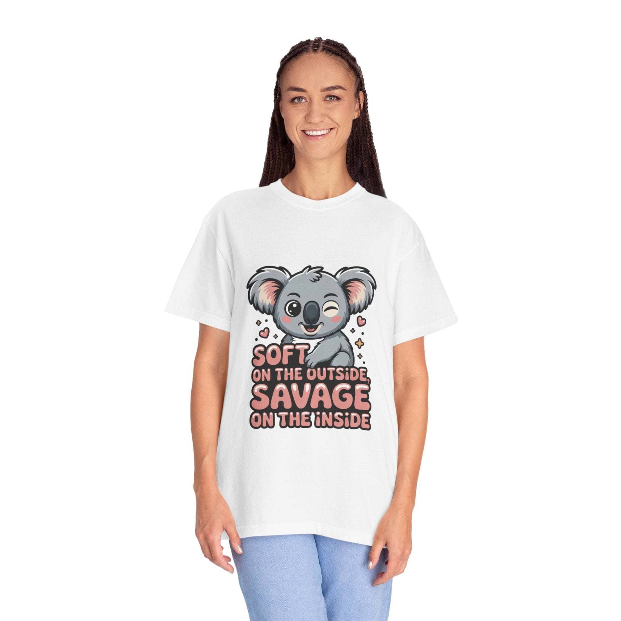 Woman wearing white koala graphic t-shirt with "Soft on the Outside, Savage on the Inside" text