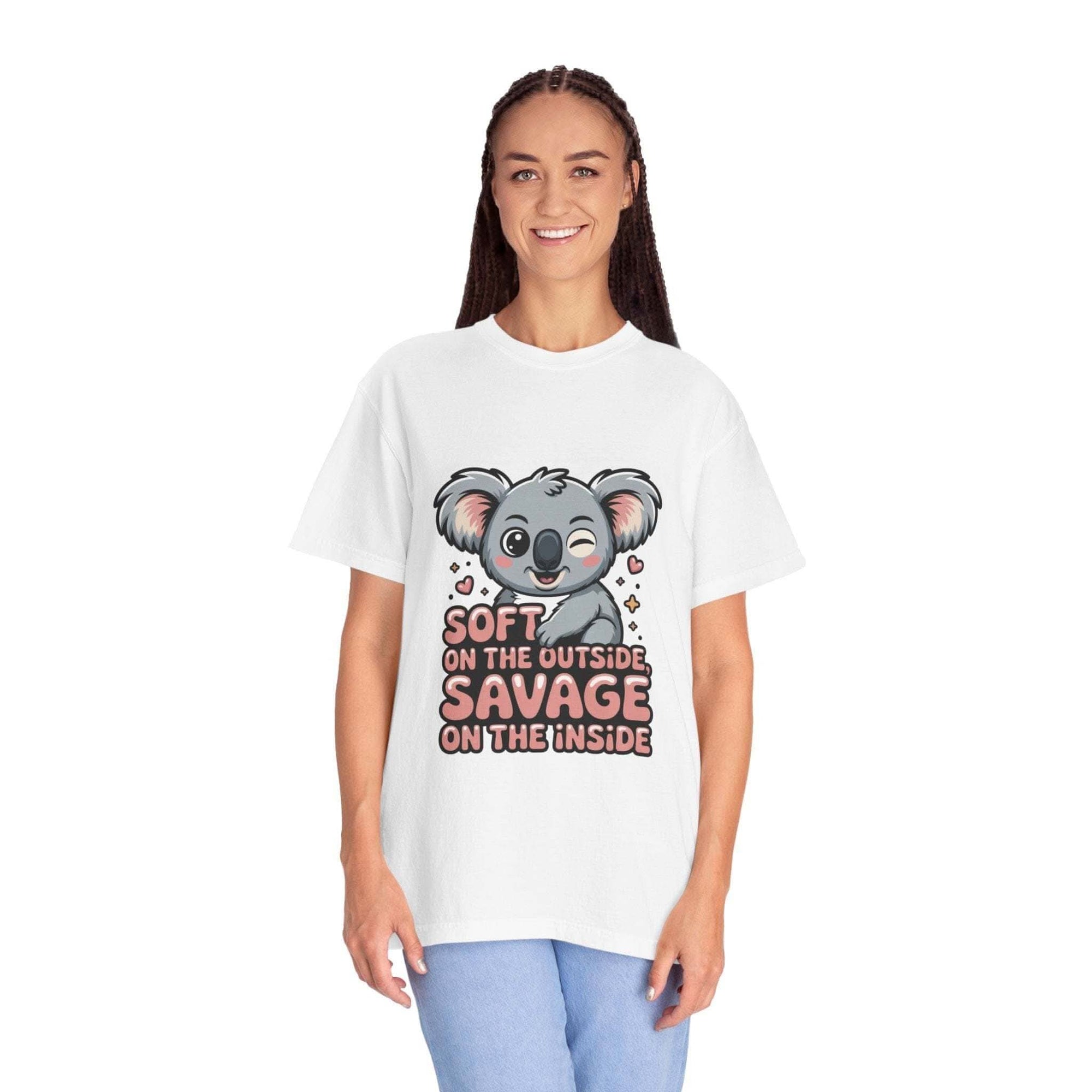 Woman wearing white koala graphic t-shirt with "Soft on the Outside, Savage on the Inside" text