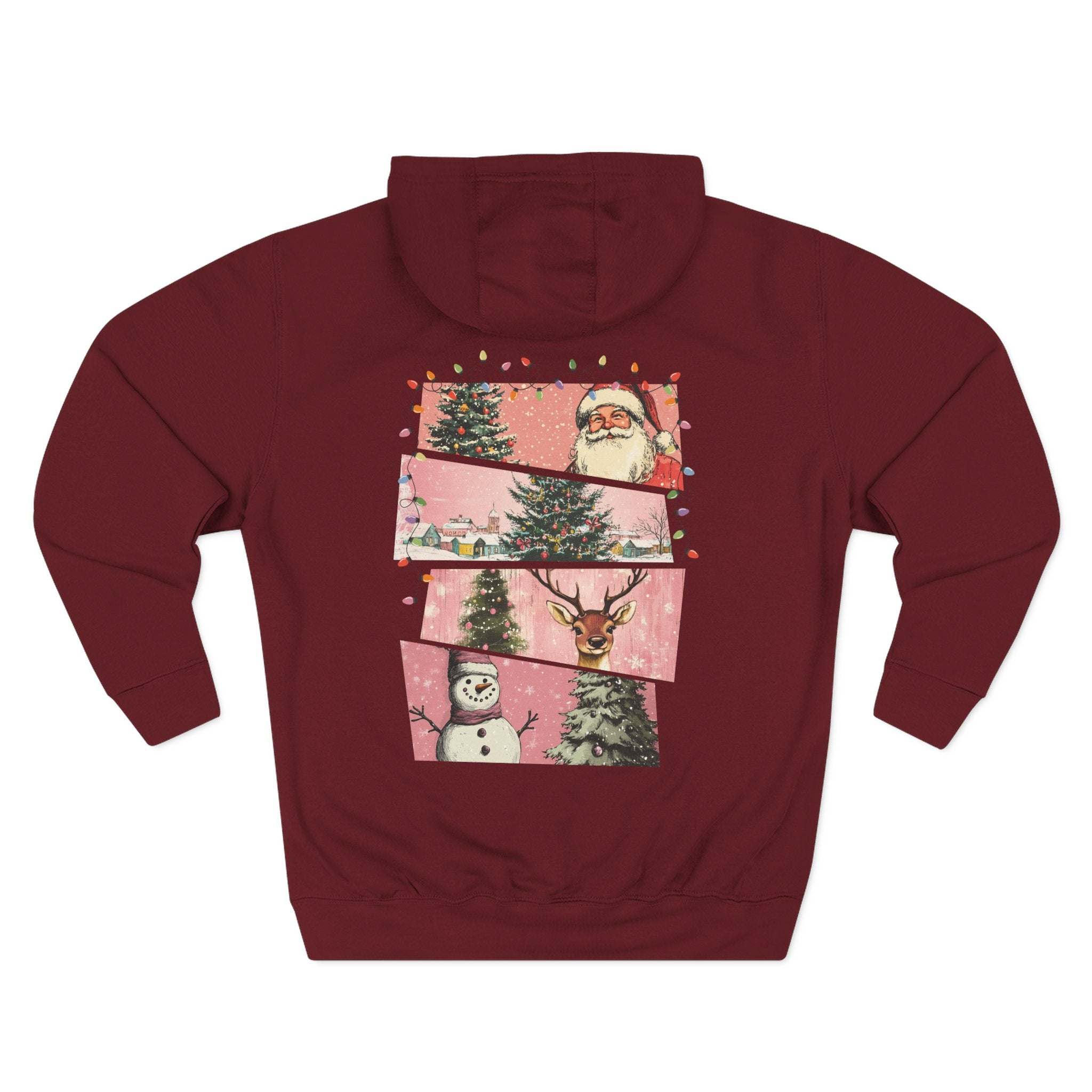 Cozy maroon fleece hoodie with Christmas watercolor design featuring Santa, trees, snowman, and reindeer on back