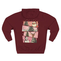 Cozy maroon fleece hoodie with Christmas watercolor design featuring Santa, trees, snowman, and reindeer on back