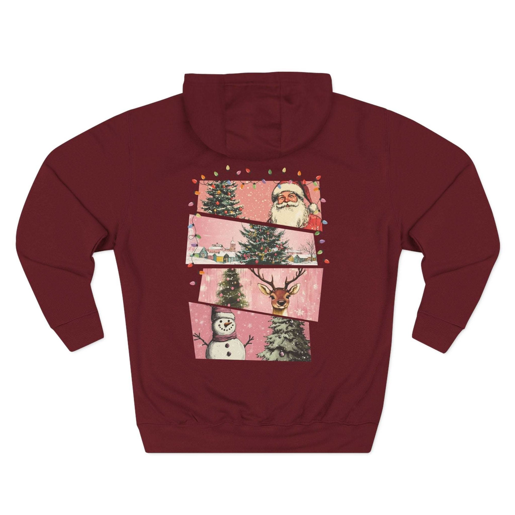 Cozy maroon fleece hoodie with Christmas watercolor design featuring Santa, trees, snowman, and reindeer on back
