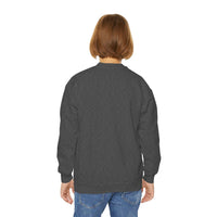 Back view of a child wearing Moody Girl Highland Cow dark gray sweatshirt with ribbed collar and cuffs