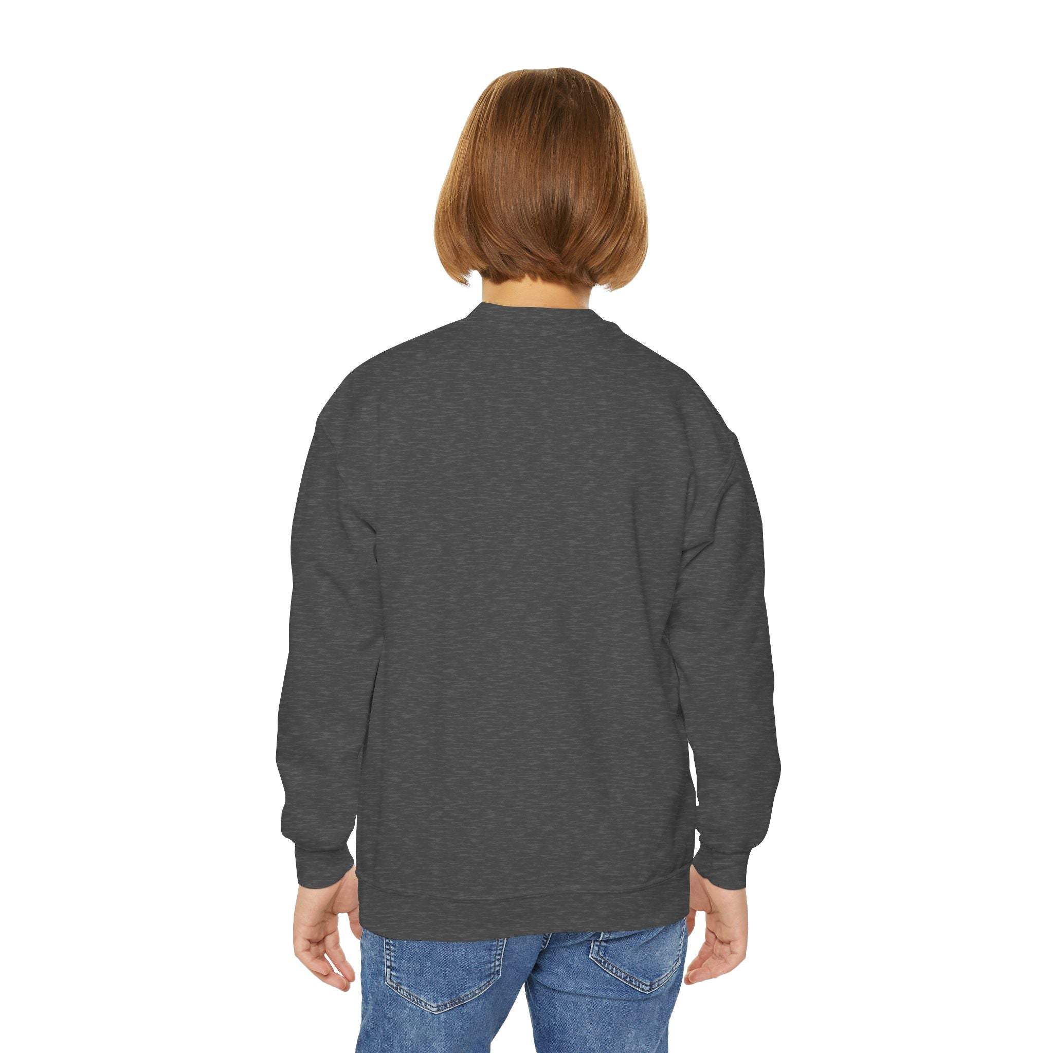 Back view of a child wearing Moody Girl Highland Cow dark gray sweatshirt with ribbed collar and cuffs