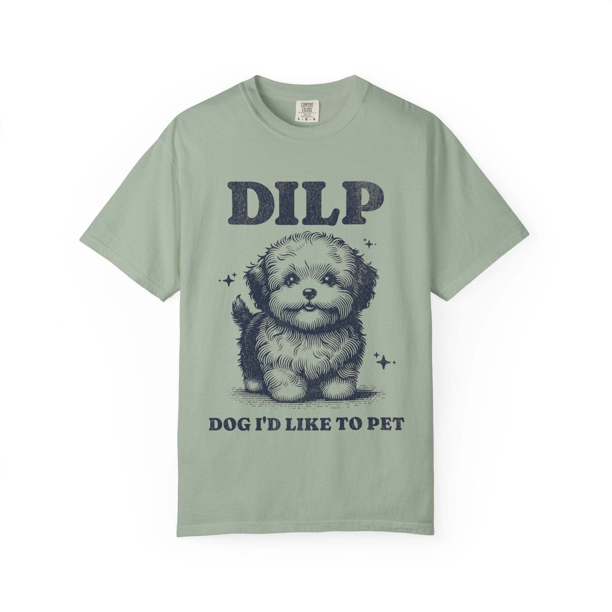 Blossom garment-dyed t-shirt featuring cute dog design, sizes S, M, and L by Printify.