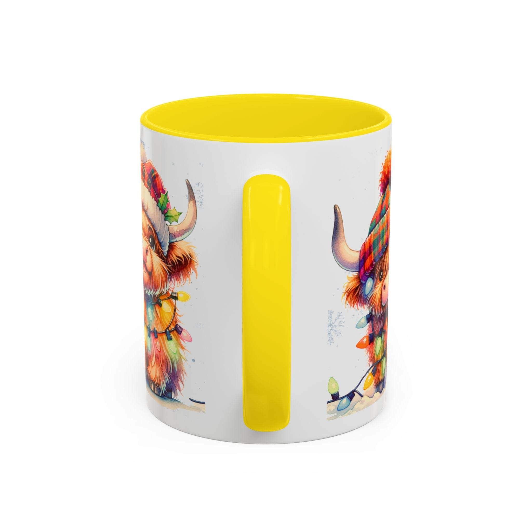 Mug with colorful animal design and yellow interior on a white background
