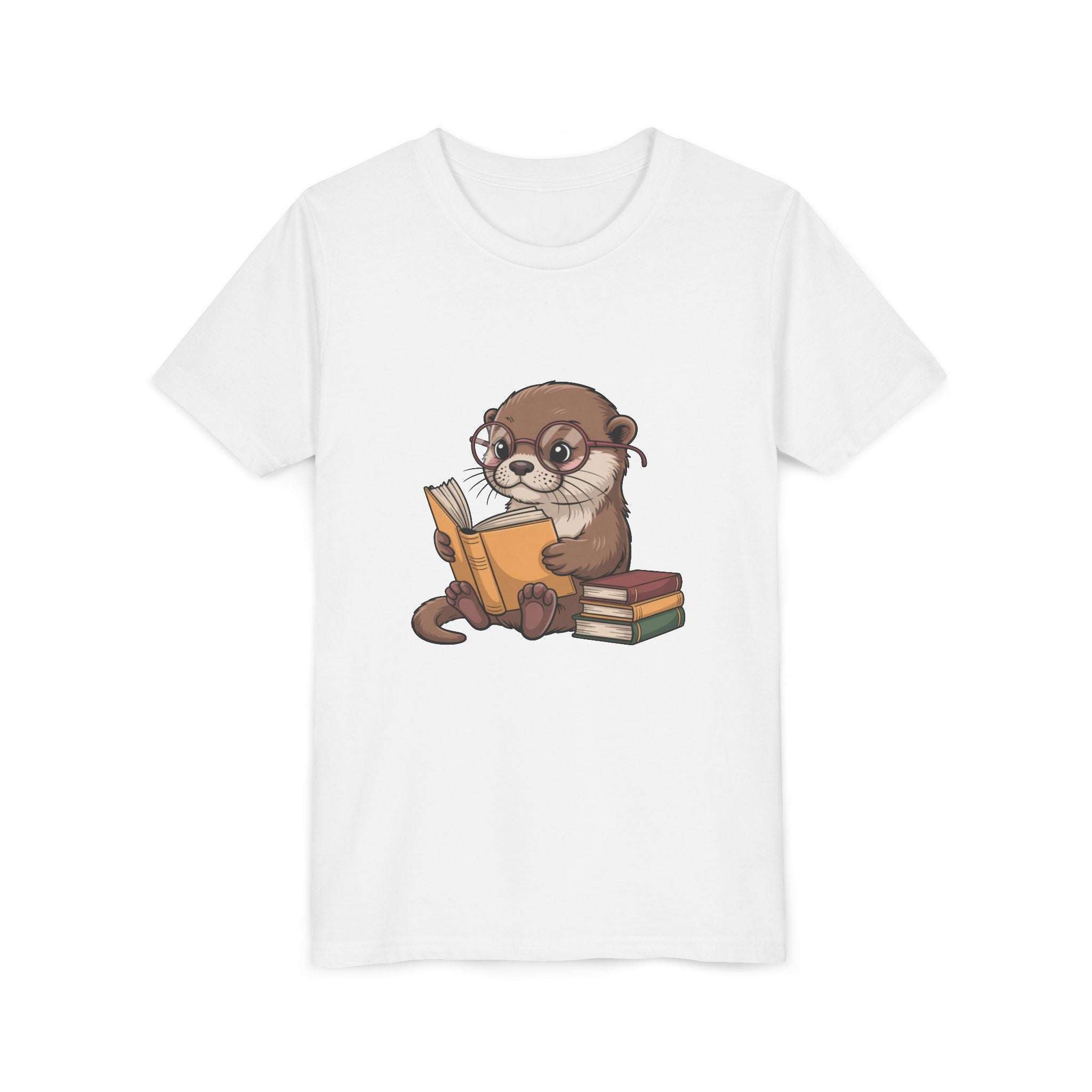White t-shirt with a cartoon otter reading a book design on a white background