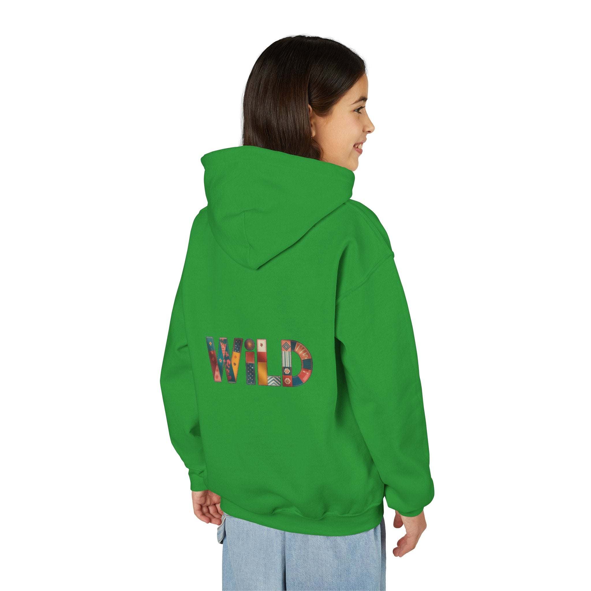 Child wearing green Patchwork Wild Word Hoodie with colorful "WILD" text on back and front pouch pocket.