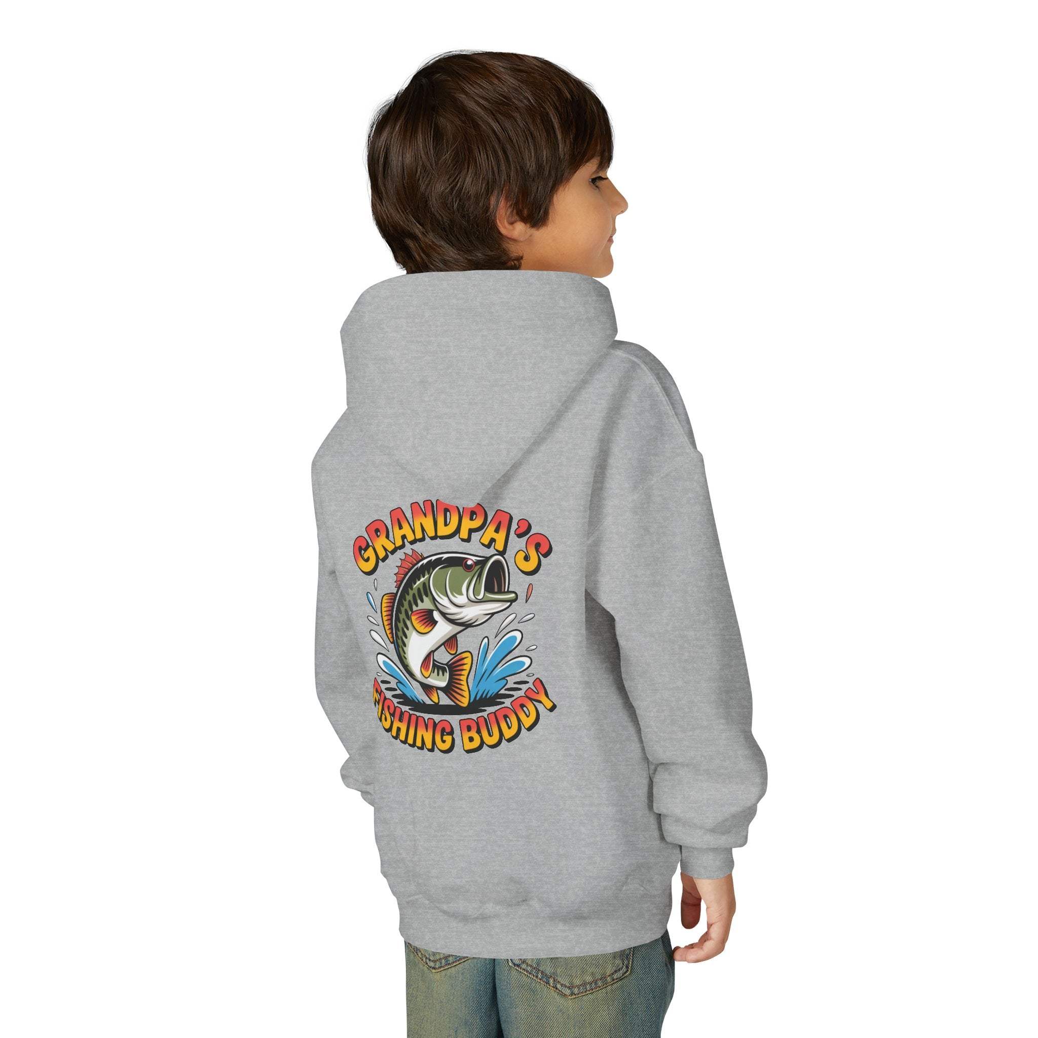 Youth hooded sweatshirt with Grandpas Fishing Buddy embroidered design, kangaroo pocket, and durable cotton-poly blend fabric.