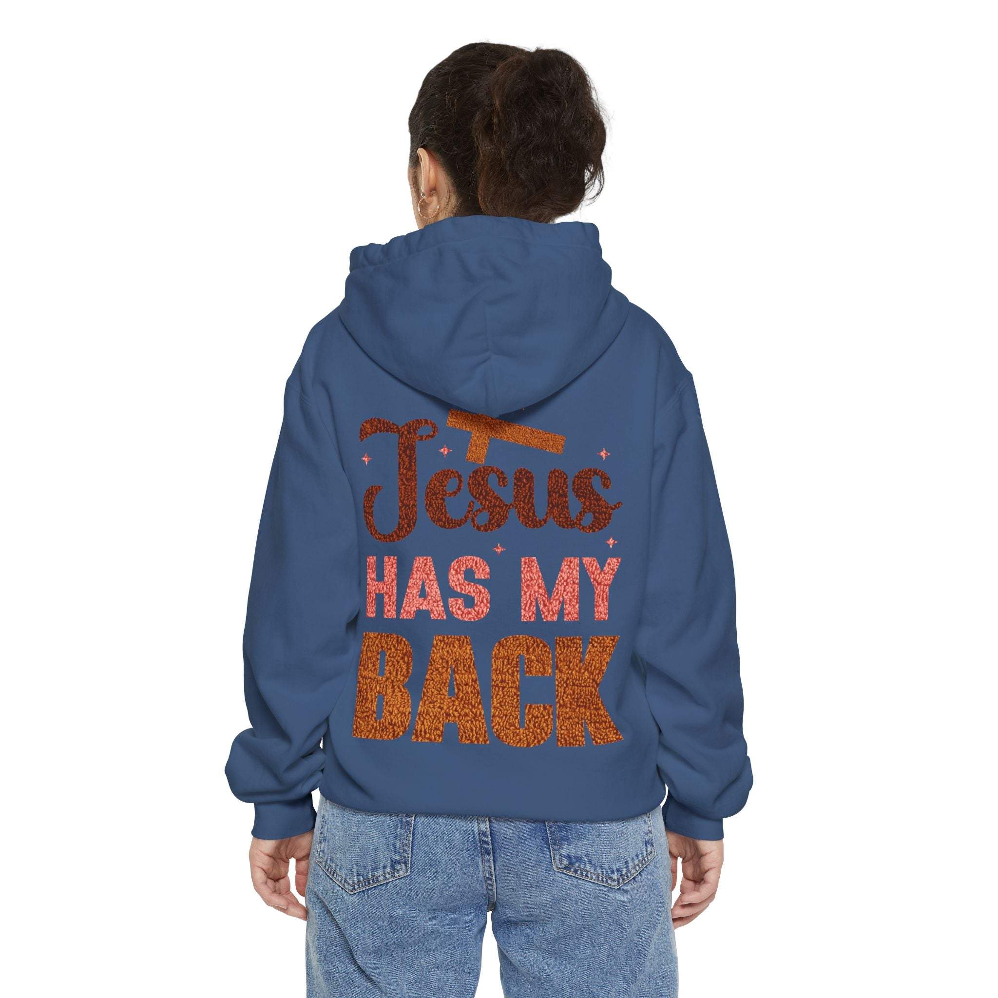 Jesus Has My Back Hoodie soft faith-based Christian pullover with uplifting shoulder design