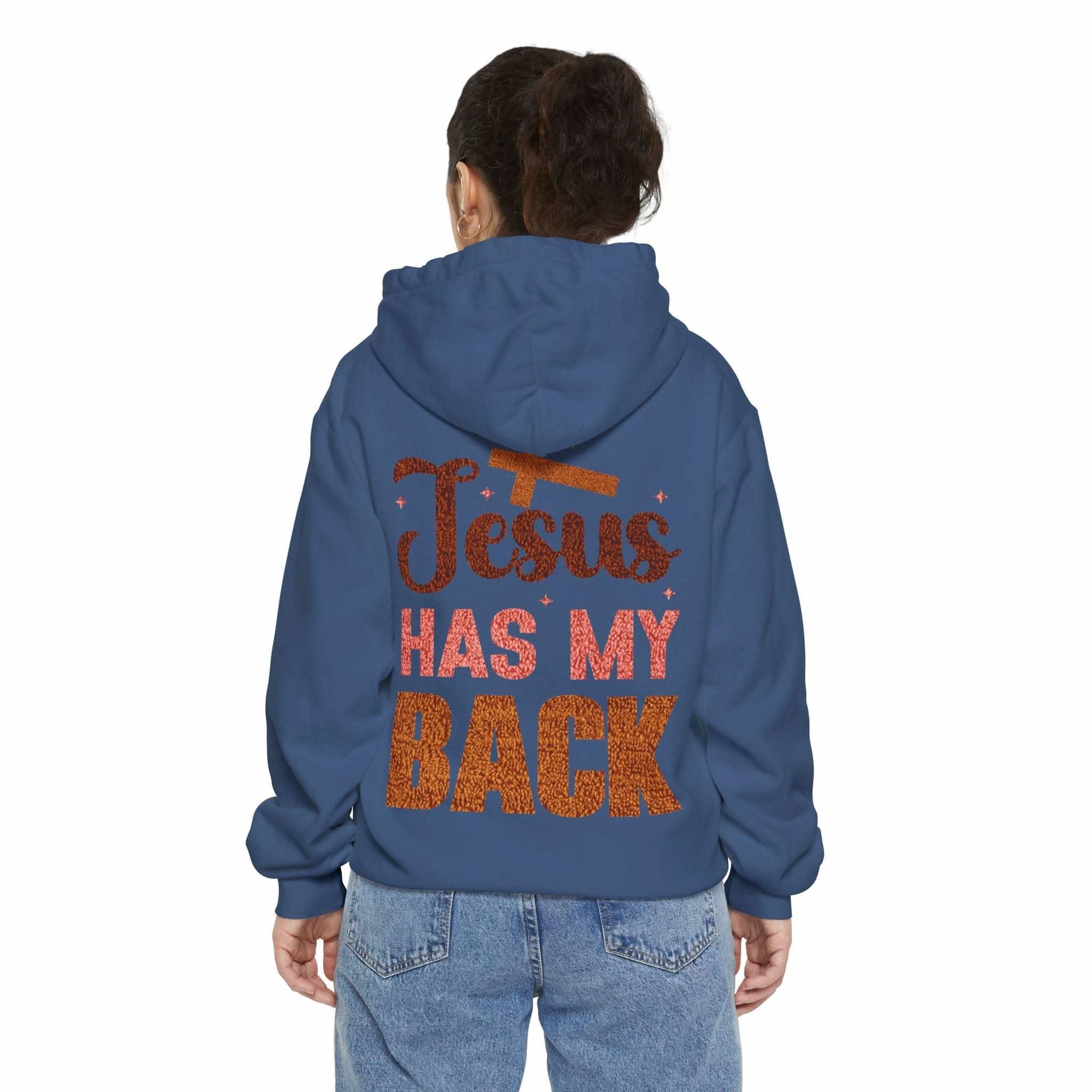 Jesus Has My Back Hoodie soft faith-based Christian pullover with uplifting shoulder design
