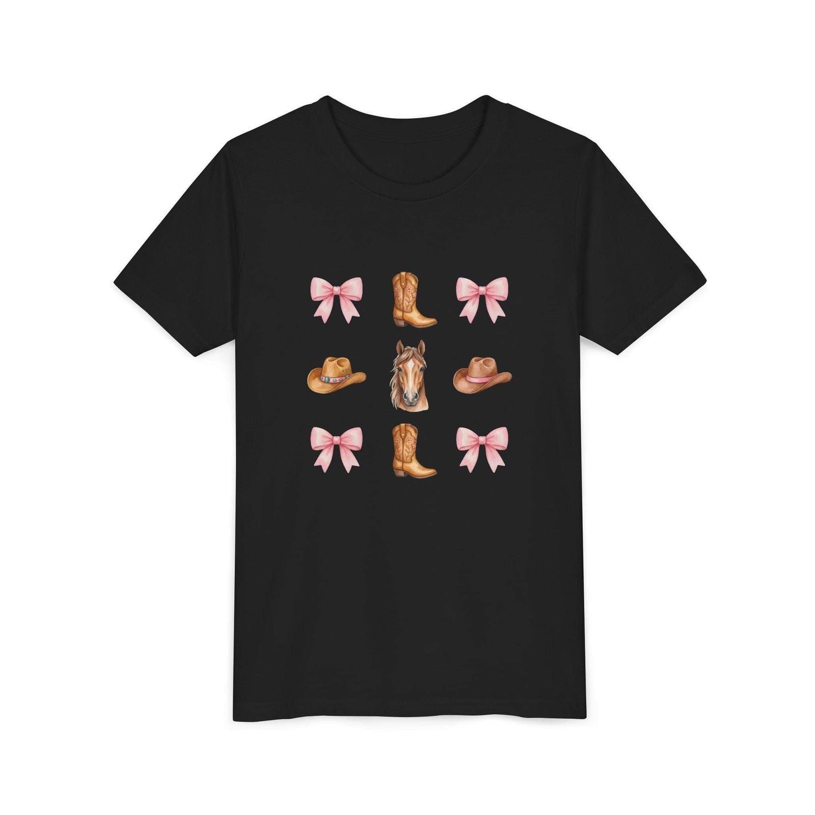 Youth pink tee with cowboy horse, boots, Western hat, and bow pattern for kids
