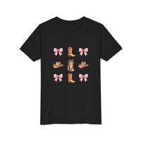 Youth pink tee with cowboy horse, boots, Western hat, and bow pattern for kids