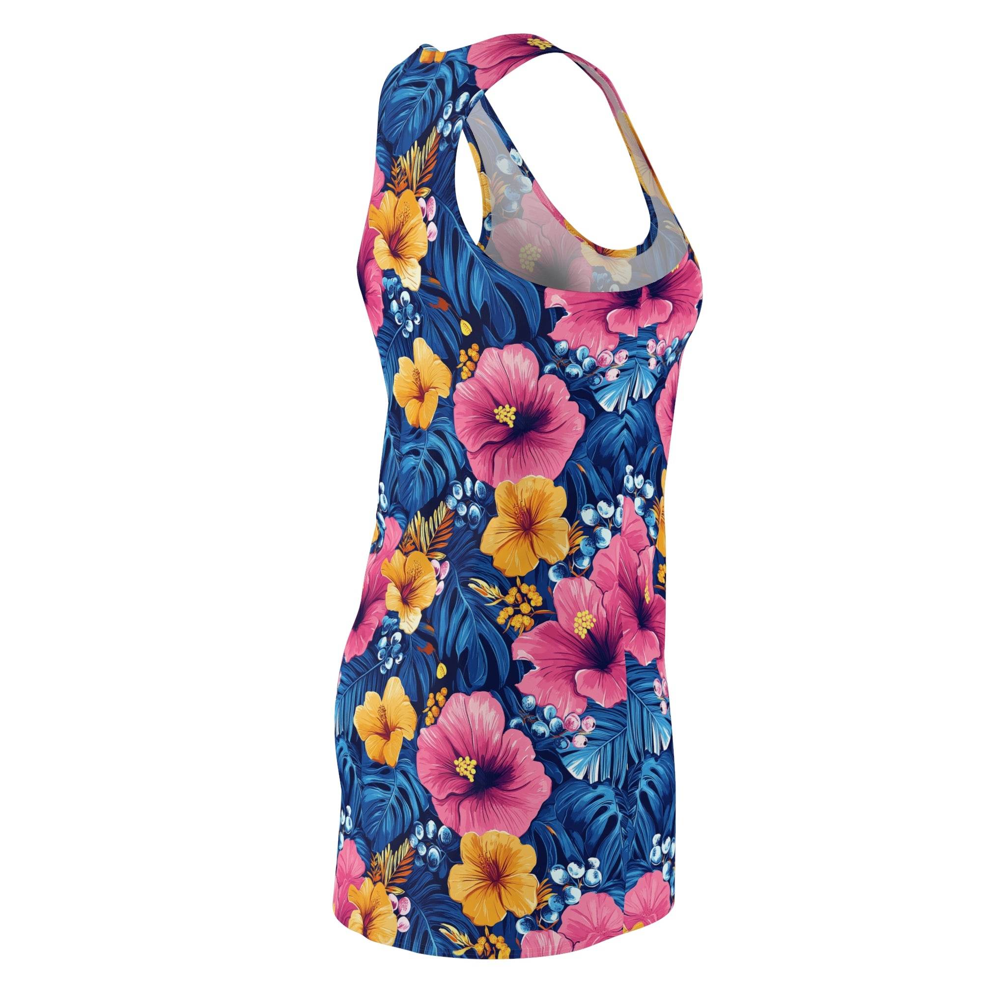 Tropical Hibiscus Floral Racerback Dress | Blue Pink Yellow AOP