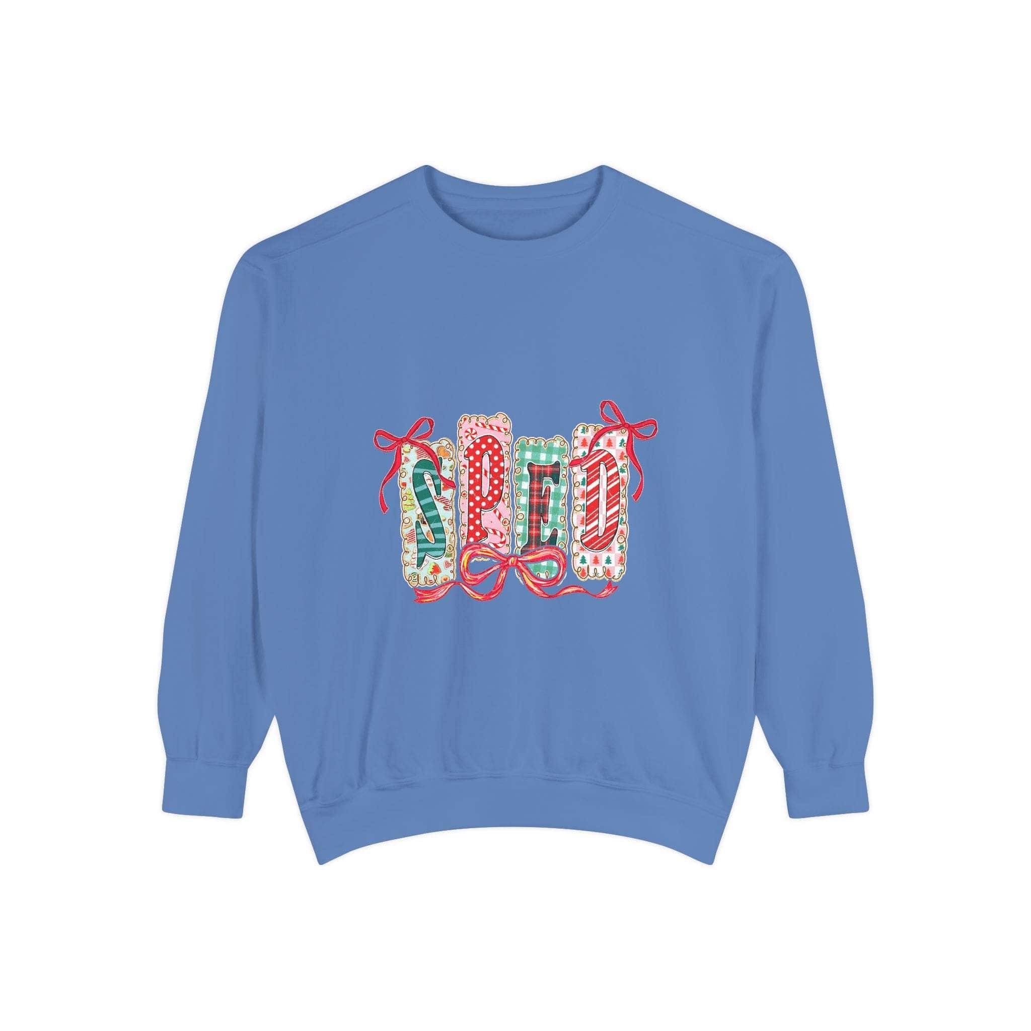Pepper garment-dyed sweatshirt for preppy SPED teachers, featuring a festive Christmas design by Printify