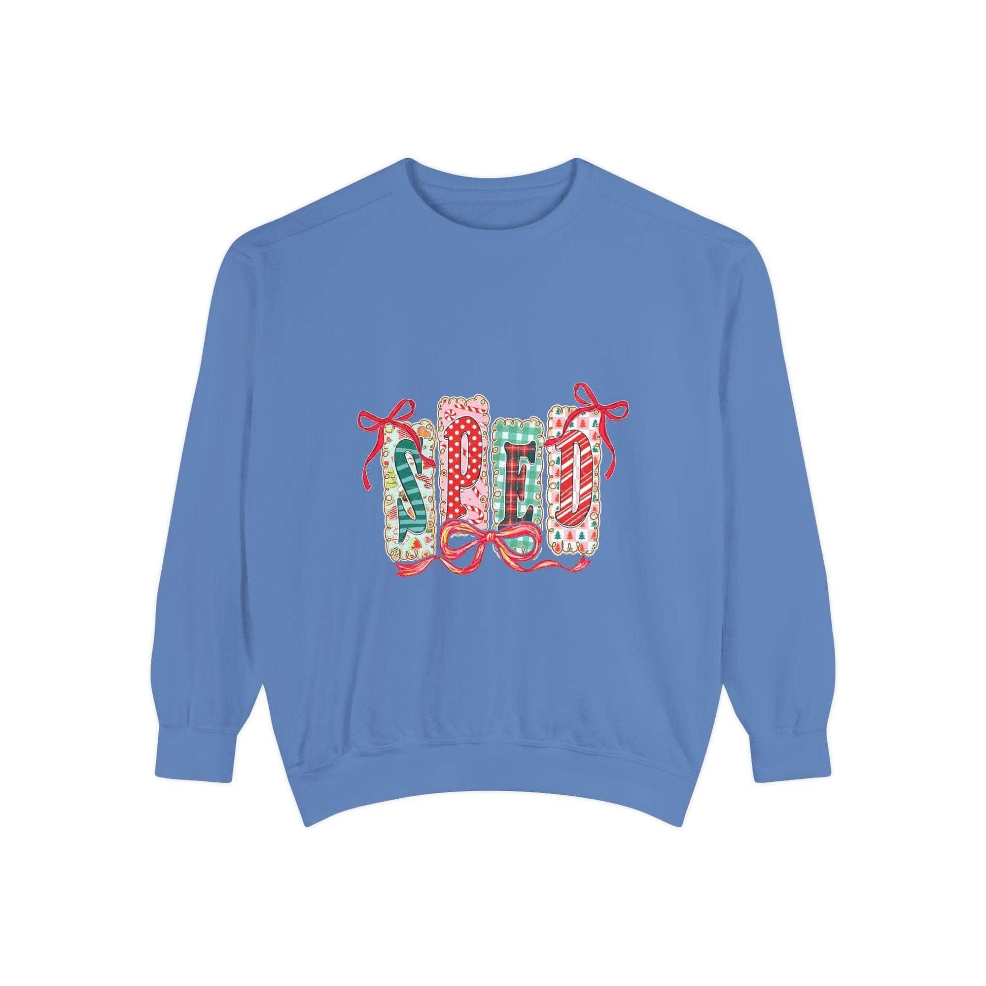 Pepper garment-dyed sweatshirt for preppy SPED teachers, featuring a festive Christmas design by Printify