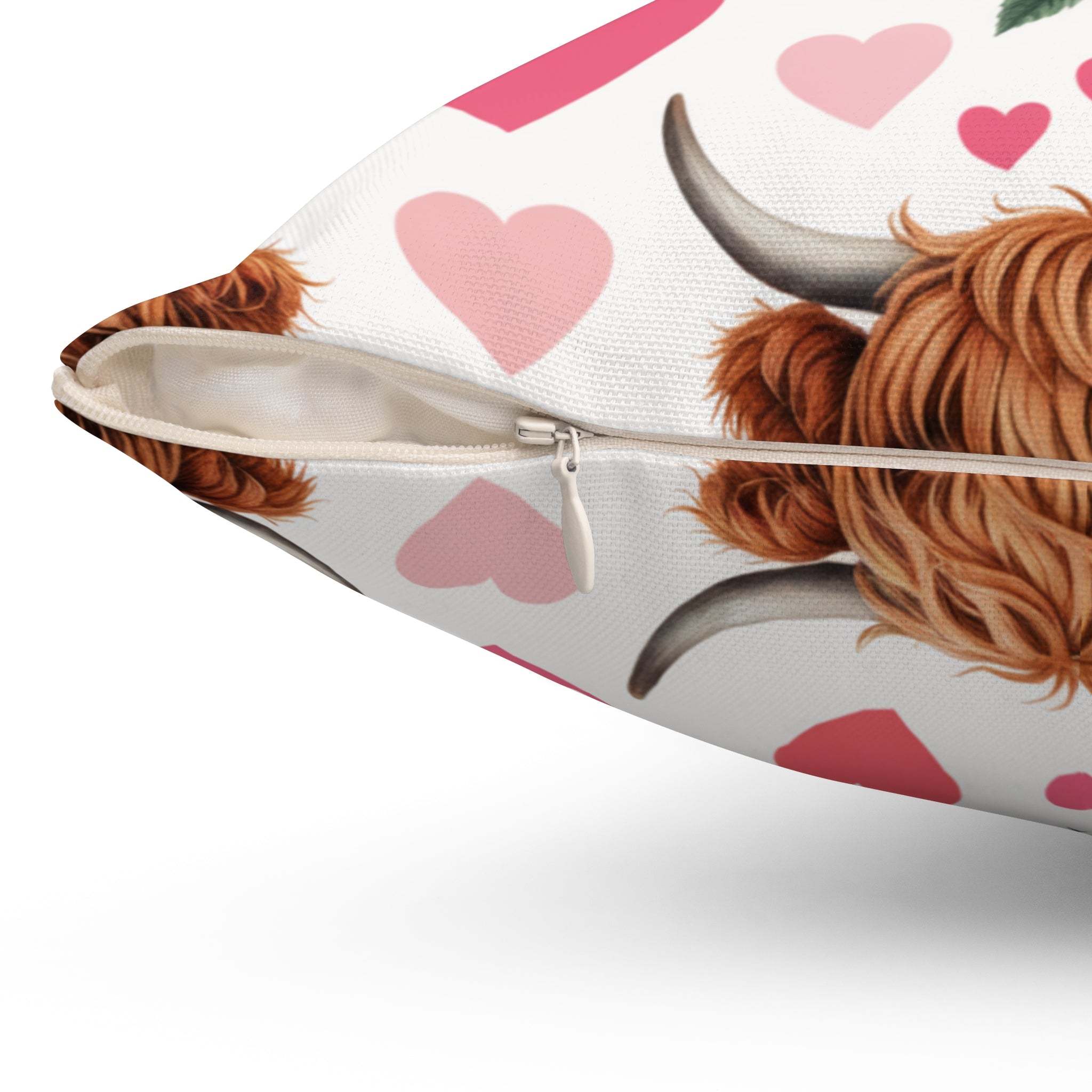 Floral Valentine Highland cow pillow with muted beige tones and delicate blossoms for rustic decor