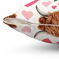 Floral Valentine Highland cow pillow with muted beige tones and delicate blossoms for rustic decor