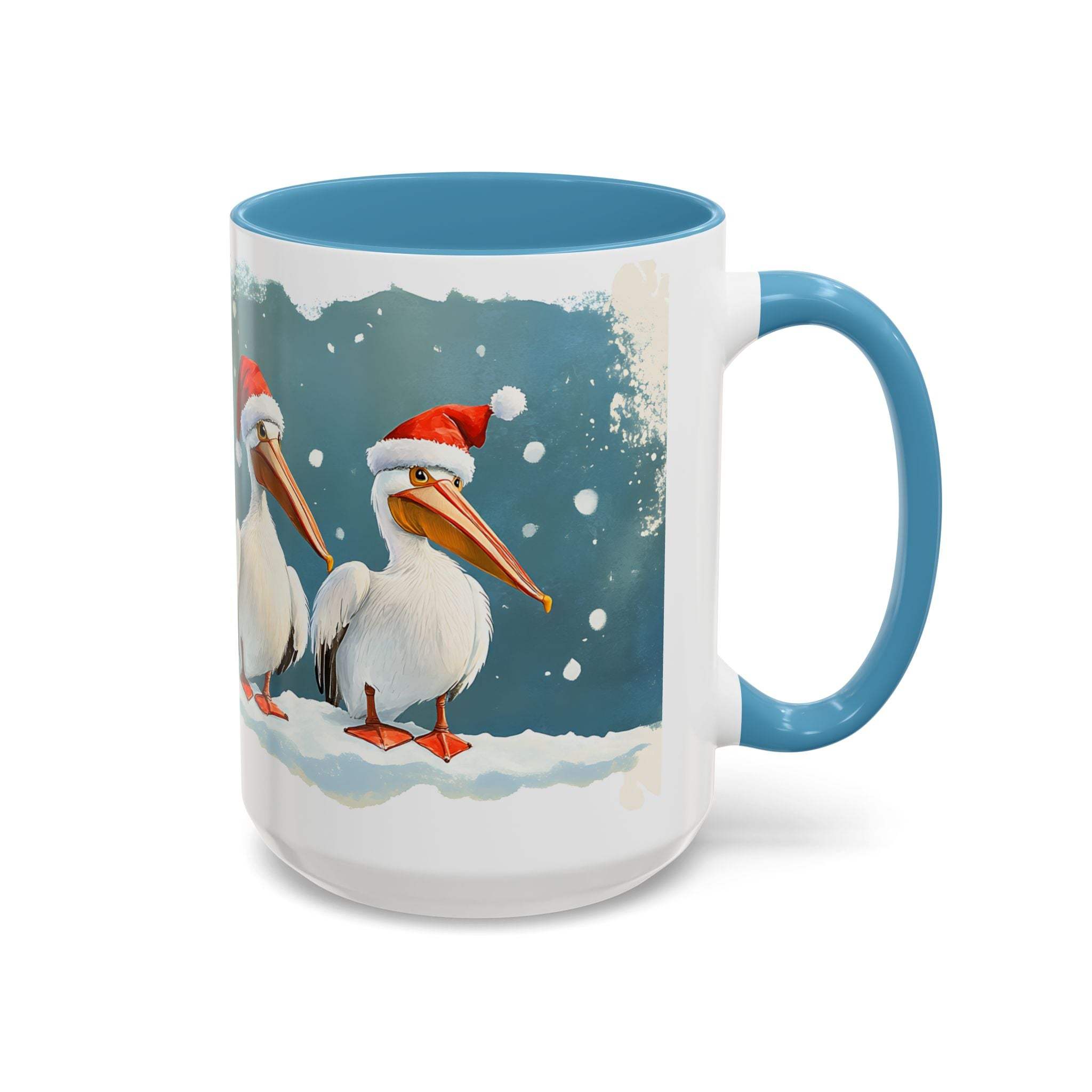 Mug with Christmas-themed design of pelicans wearing Santa hats on a snowy background.