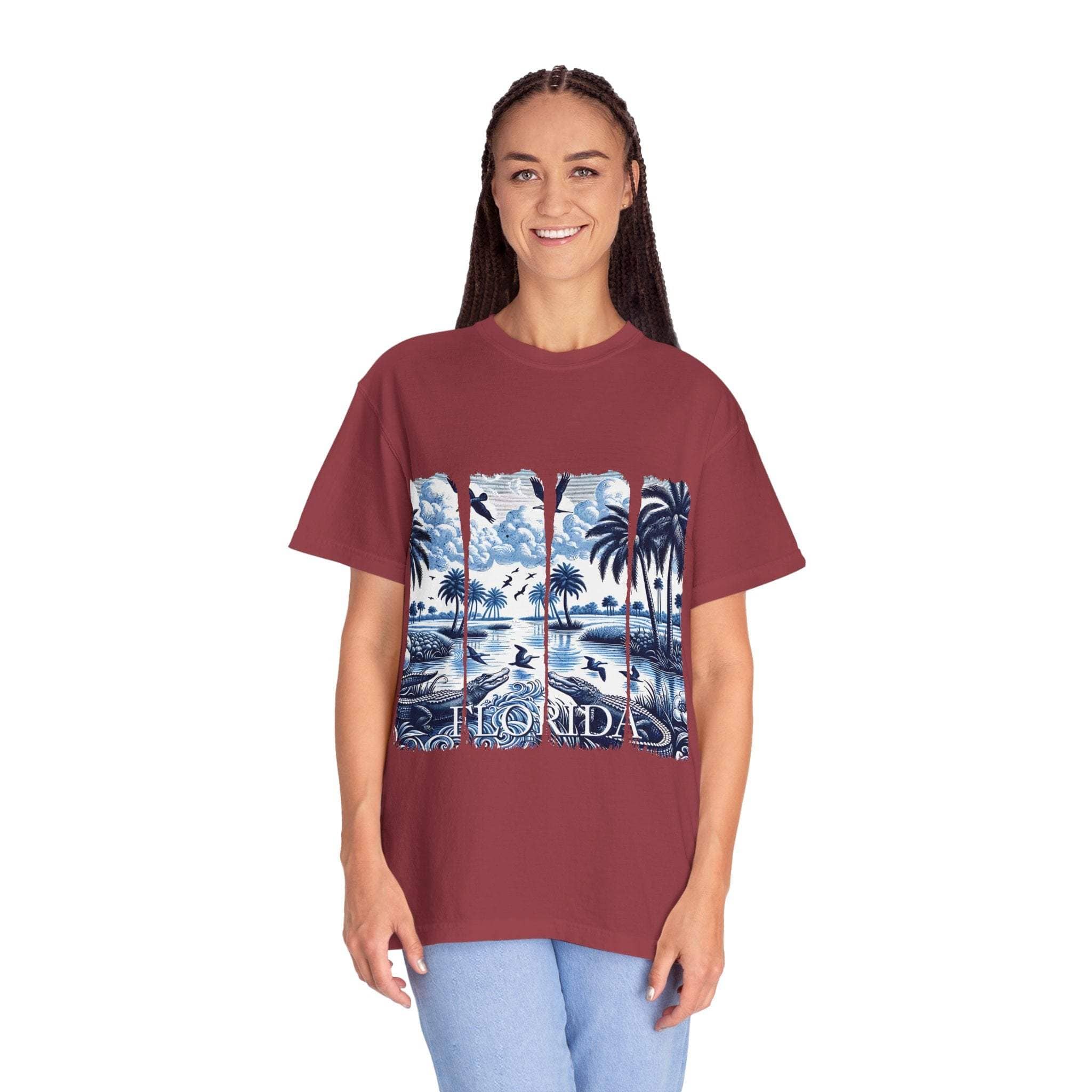 Blue Chinoise Brushstroke garment-dyed cotton t-shirt with relaxed fit and artistic coastal design