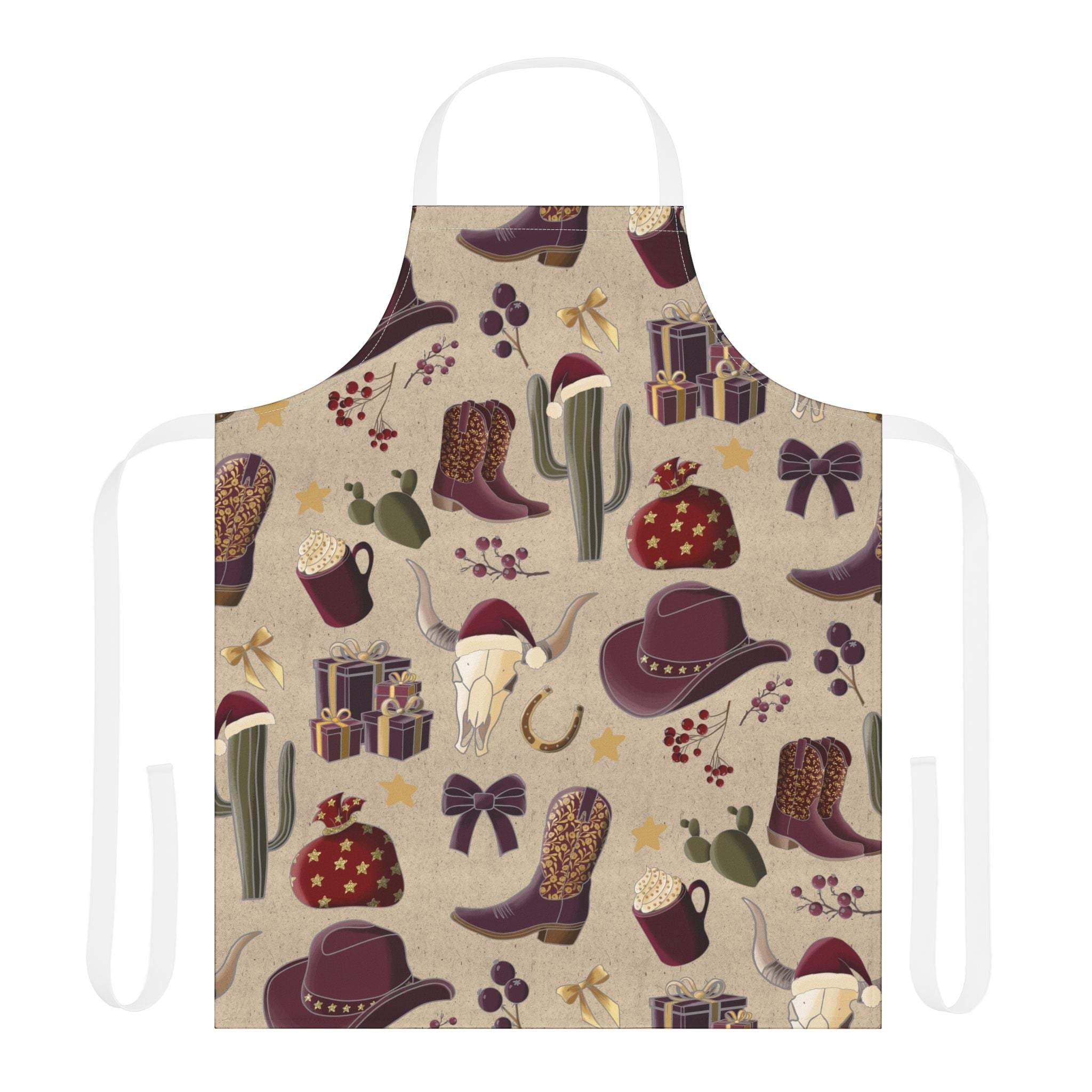 Cowboy Christmas apron with festive western-themed holiday pattern and tie-back closure