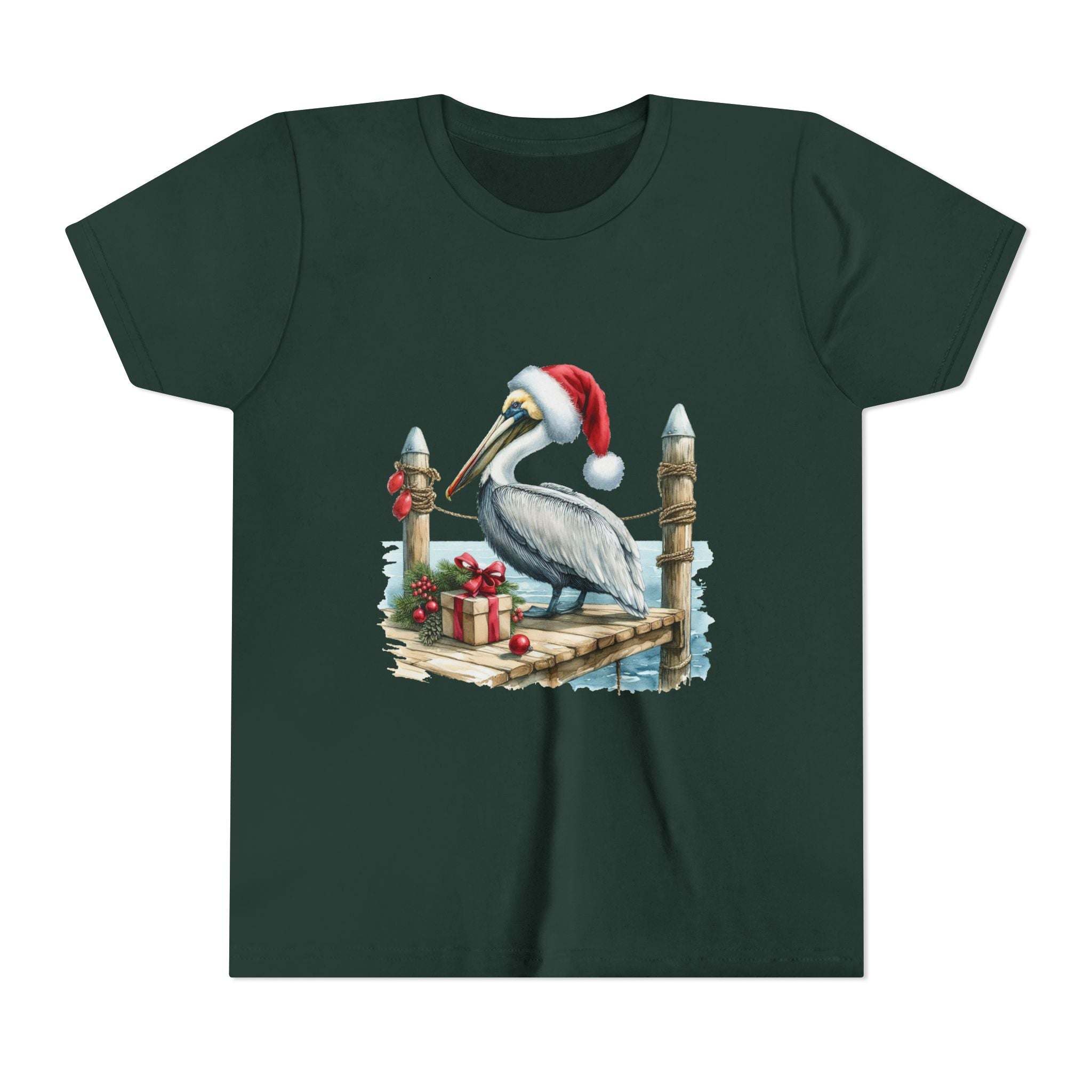 Dark green t-shirt with a Christmas pelican design on a white background