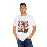 Unisex white garment-dyed T-shirt with "Thankful for My Beautiful Family" text and autumn-themed design featuring pumpkins and leaves