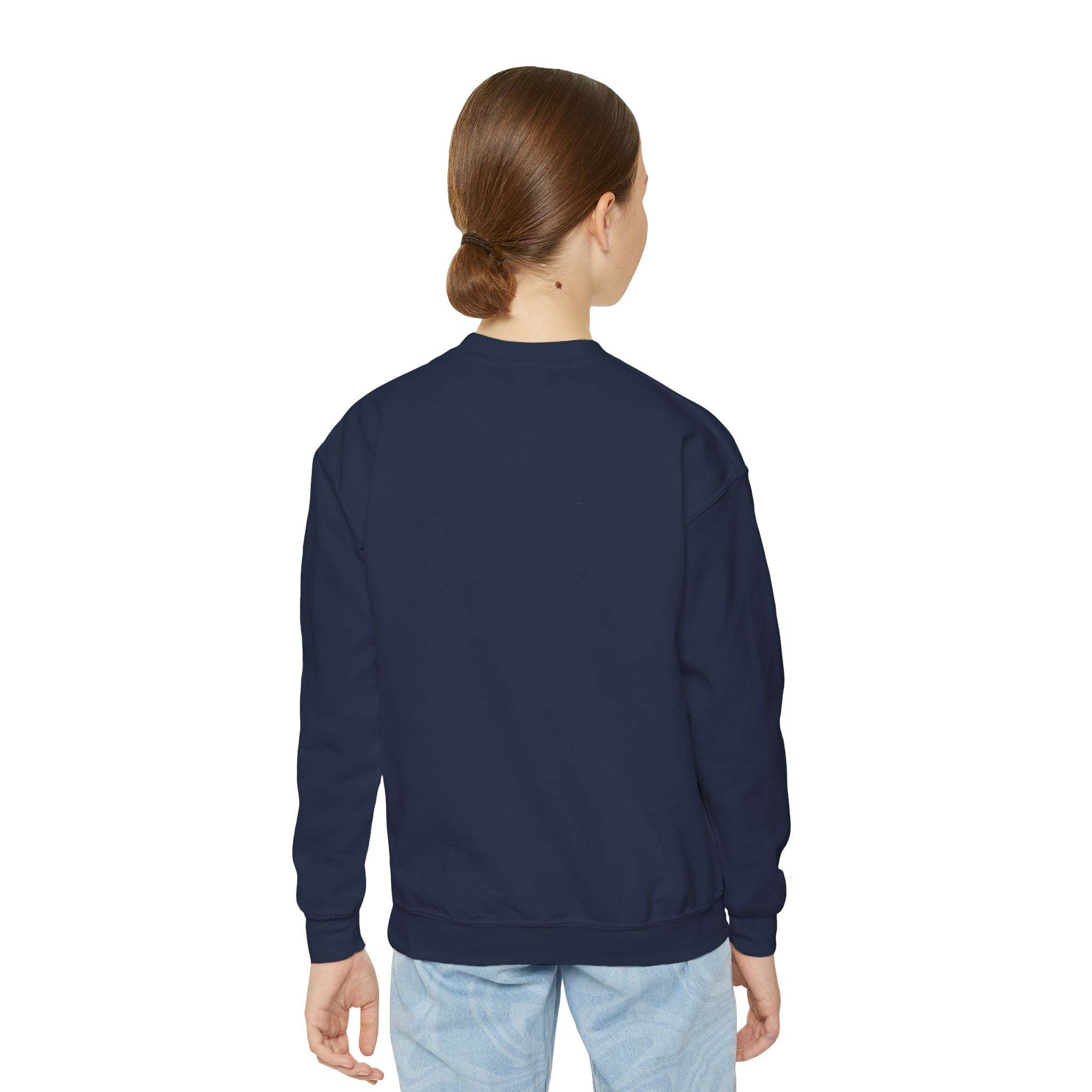 Youth wearing navy crewneck sweatshirt back view for Pelican Santa Hat holiday kids pullover