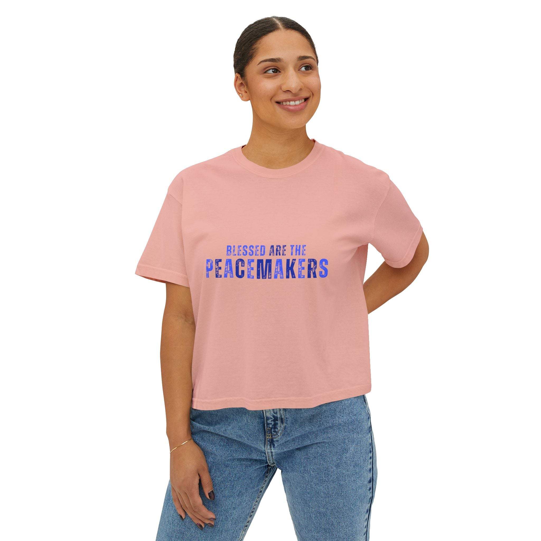 Women's Tee Blessed be the Peacemakers pink boxy shirt with blue text, casual fit