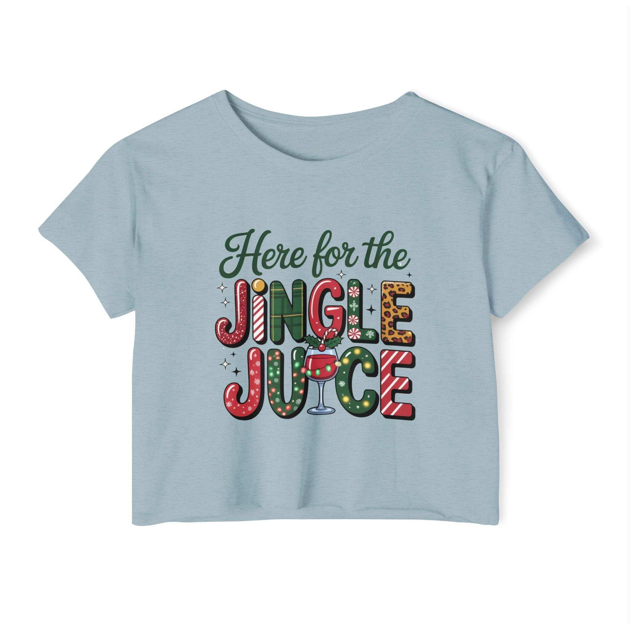 White crop top t-shirt with 'Here For The Jingle Juice' graphic, festive women's holiday wear by Printify