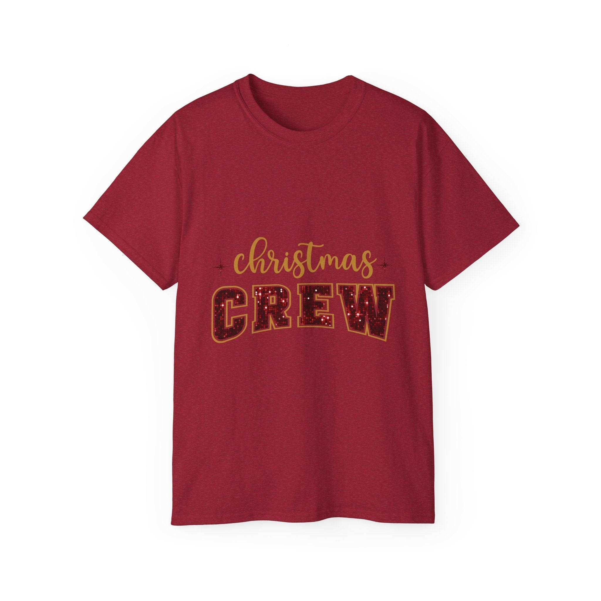 Antique Cherry Red faux glitter Christmas t-shirt from Printify with crew neck, perfect for festive holiday apparel.