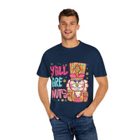 Man wearing navy Yall Are Nuts Nutcracker festive cotton t-shirt with colorful nutcracker and text design