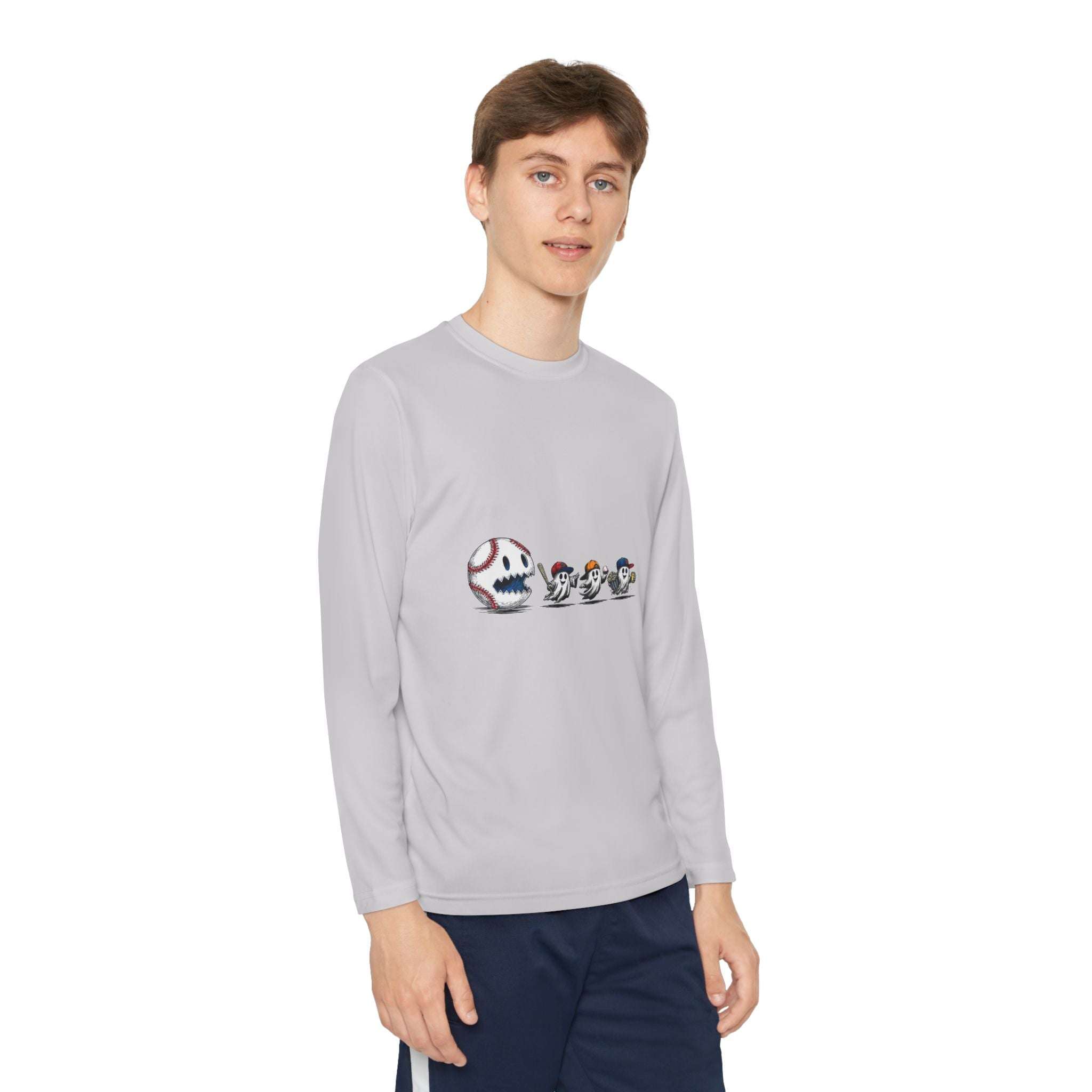 Youth Tee with baseball eating Halloween ghosts design long sleeve shirt