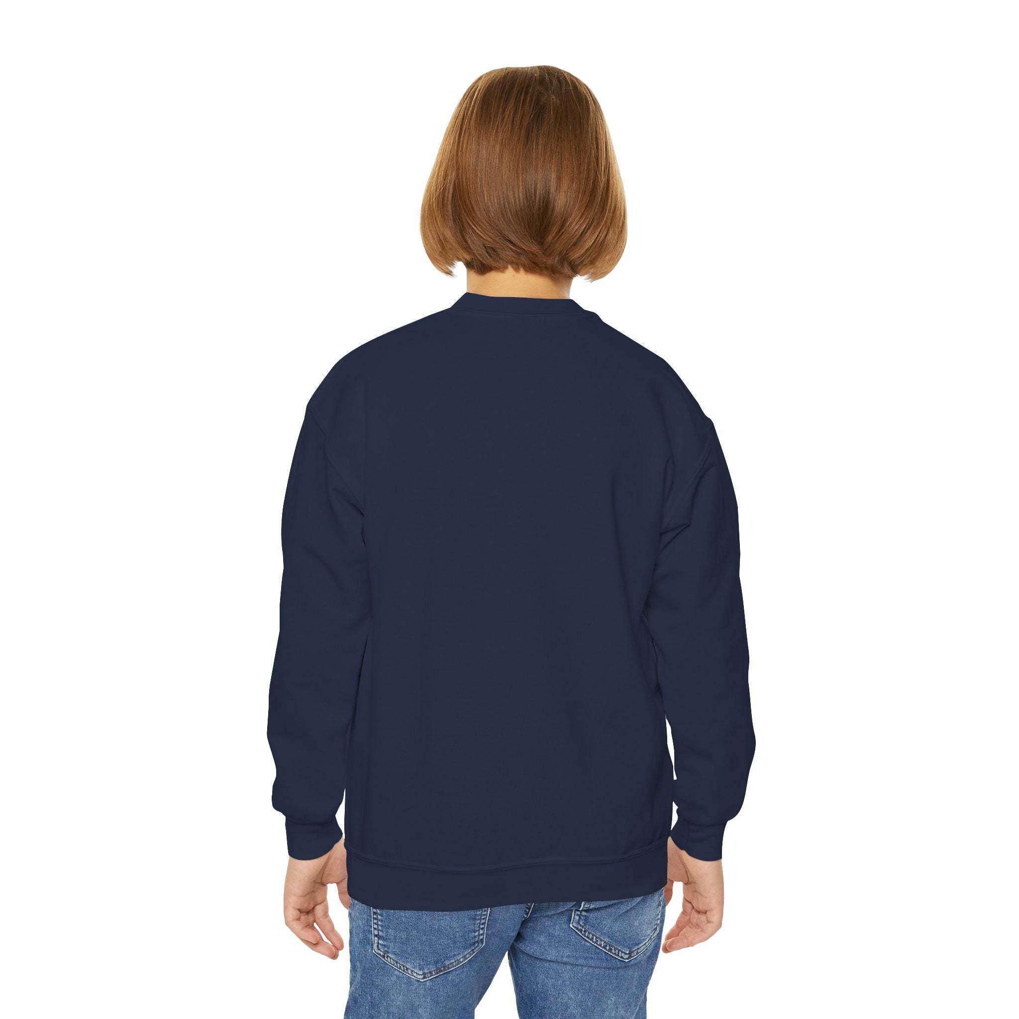 Back view of a child wearing Moody Girl Highland Cow navy blue sweatshirt with ribbed collar and loose fit