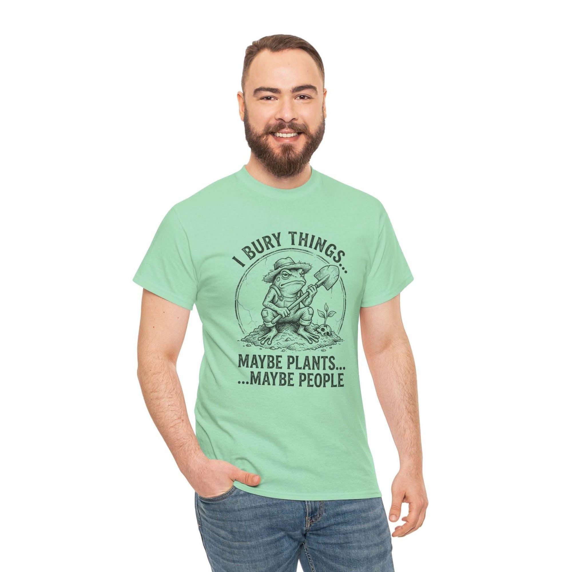 I Bury Things maybe plants maybe people funny gardener tee with gnome digging in soil on black shirt