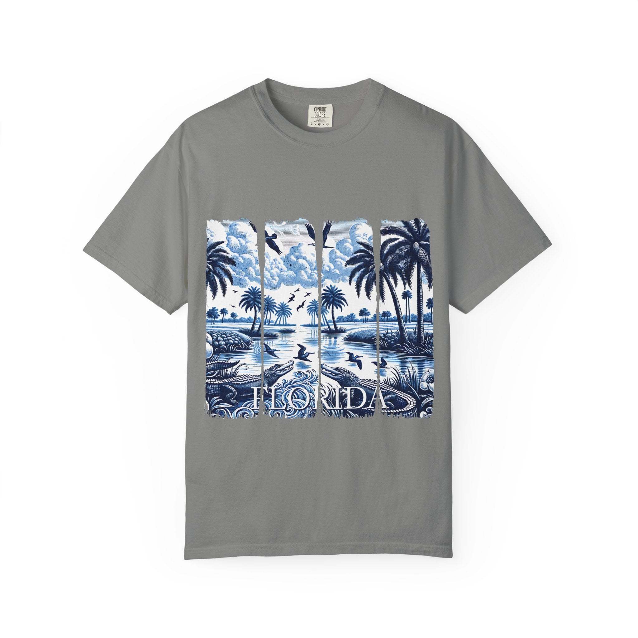 Blue Chinoise Brushstroke T-Shirt with soft blue chinoiserie brushstroke design on breathable garment-dyed cotton
