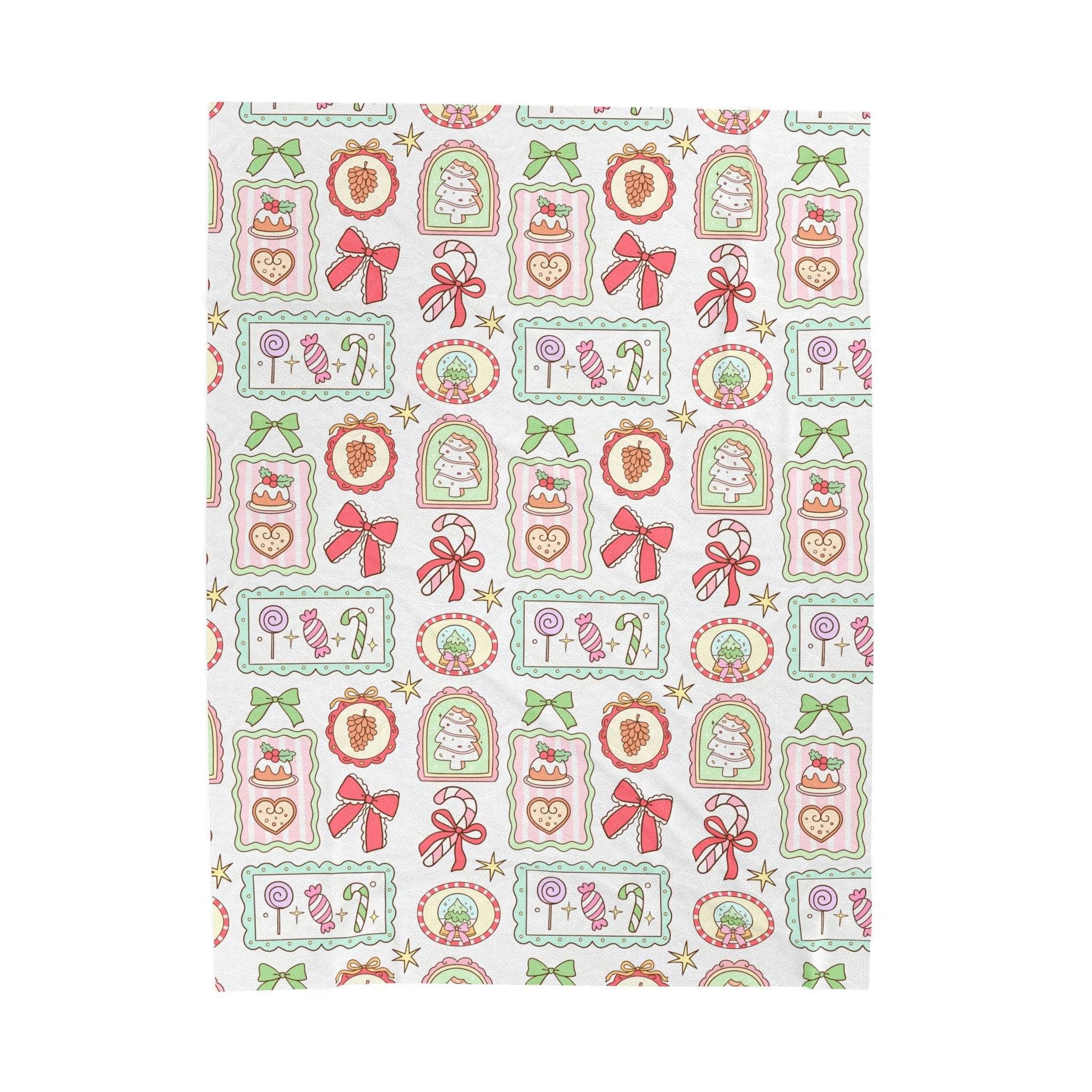 Velveteen plush blanket with retro Christmas frames design and festive holiday motifs