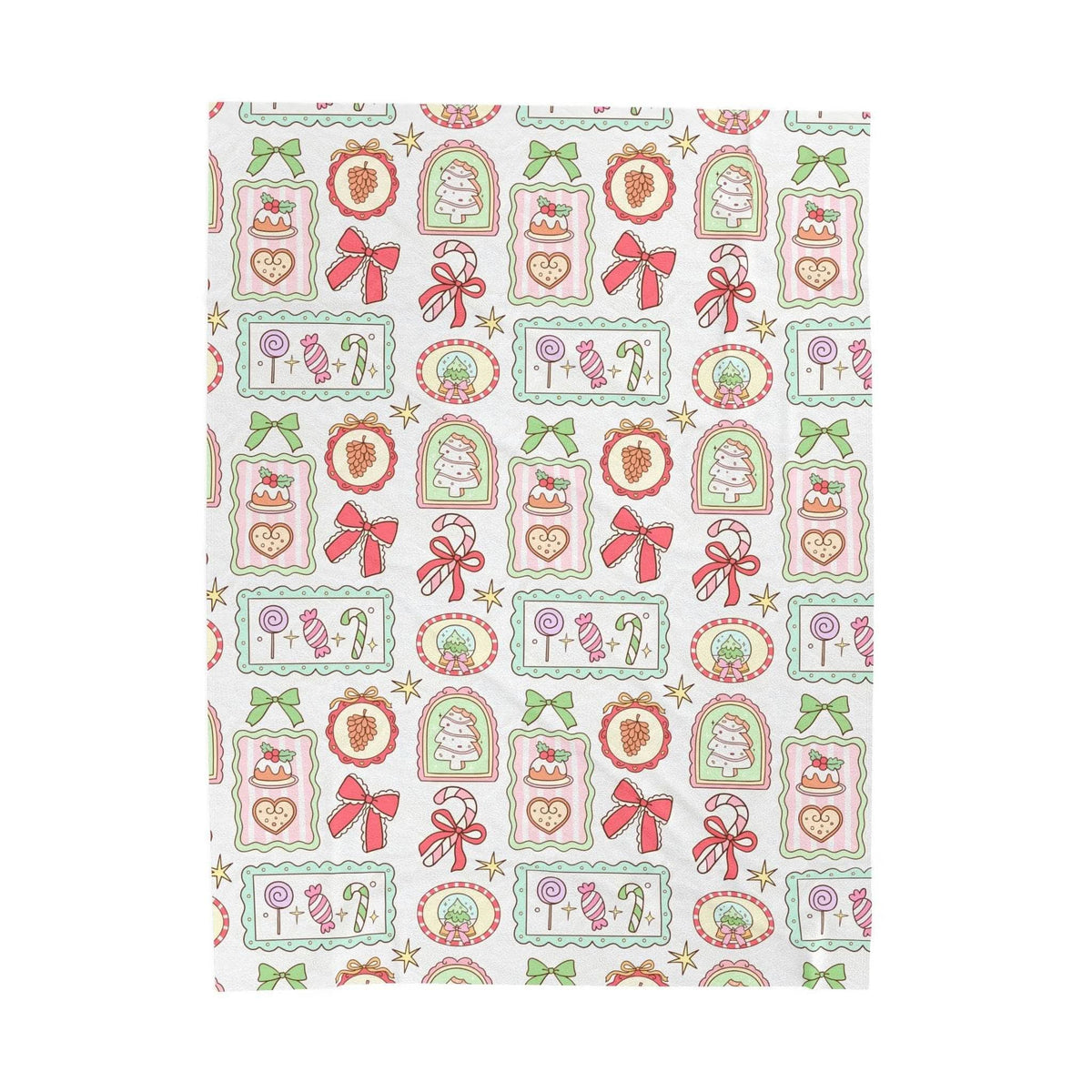 Velveteen plush blanket with retro Christmas frames design and festive holiday motifs