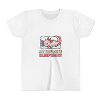 White youth tee with sleepy axolotl graphic and "My Favorite Sleepshirt" text