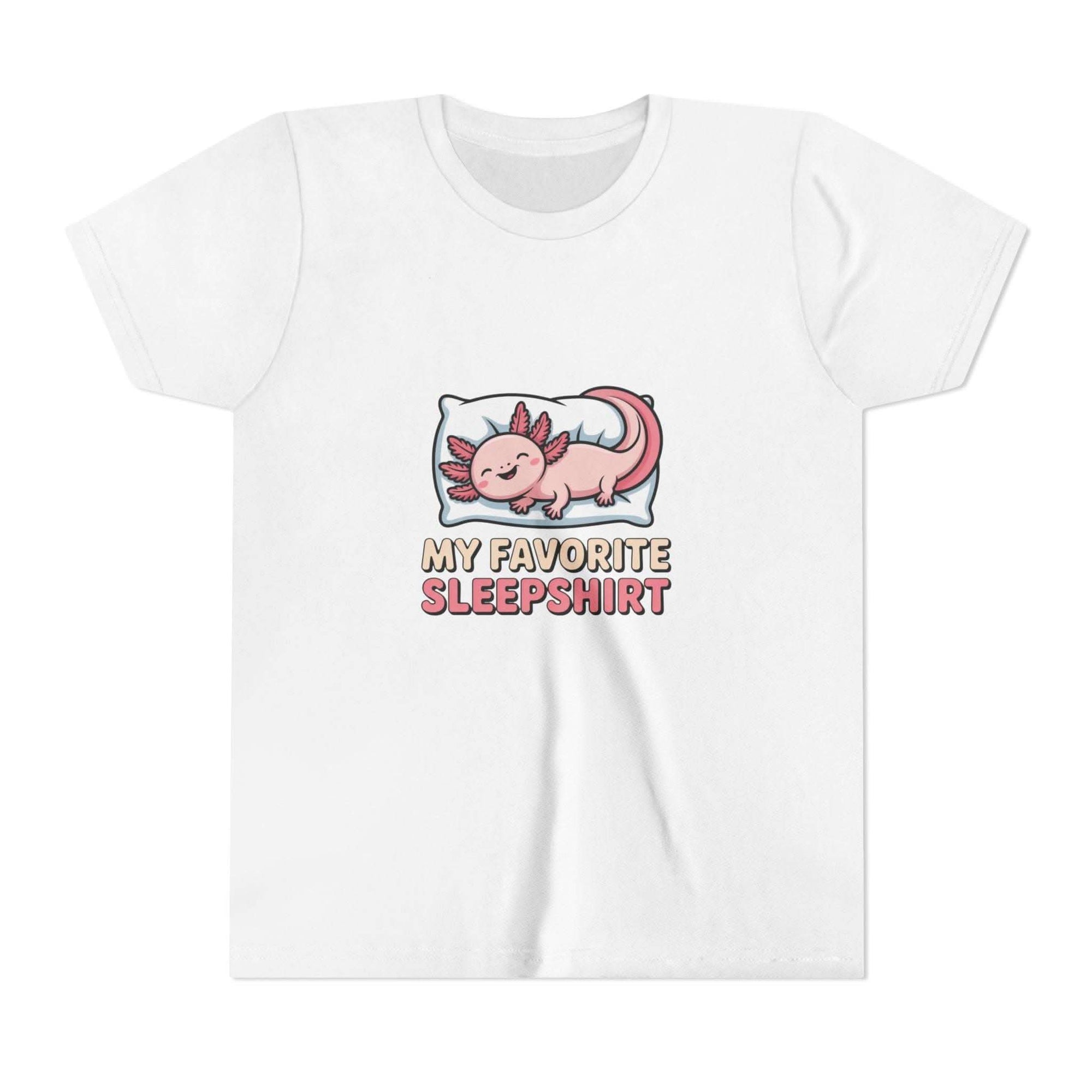 White youth tee with sleepy axolotl graphic and "My Favorite Sleepshirt" text