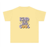 Black youth tee with 'Kind is the new Cool' graphic, casual style by Printify, perfect for back to school.