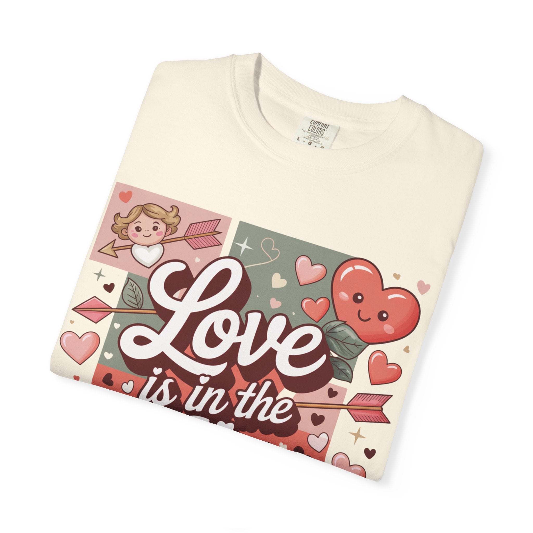 Valentine's T-shirt with hearts and vintage design featuring Love Is in the Air slogan