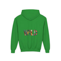 Back view of green Patchwork Wild Word Hoodie with colorful "WILD" text design and kangaroo pocket