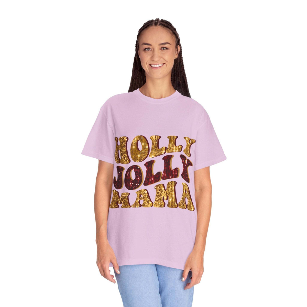 Faux Glitter Holly Jolly Mama brown t-shirt with festive glitter text for moms